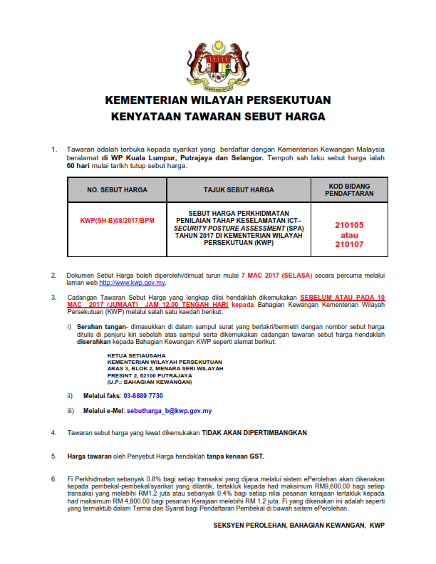 Iklan Perkhd Penilaian Tahap Keselamatan ICT   Security Posture Assessment (SPA) Tahun 2017 di KWP 001