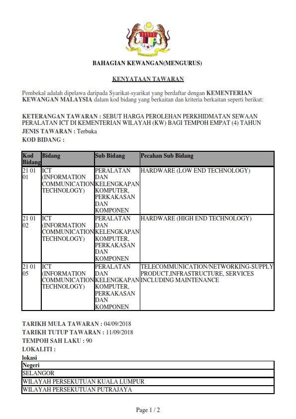 SEBUT HARGA PEROLEHAN PERKHIDMATAN SEWAAN PERALATAN ICT DI KEMENTERIAN WILAYAH (KW) BAGI TEMPOH EMPAT (4) TAHUN 001