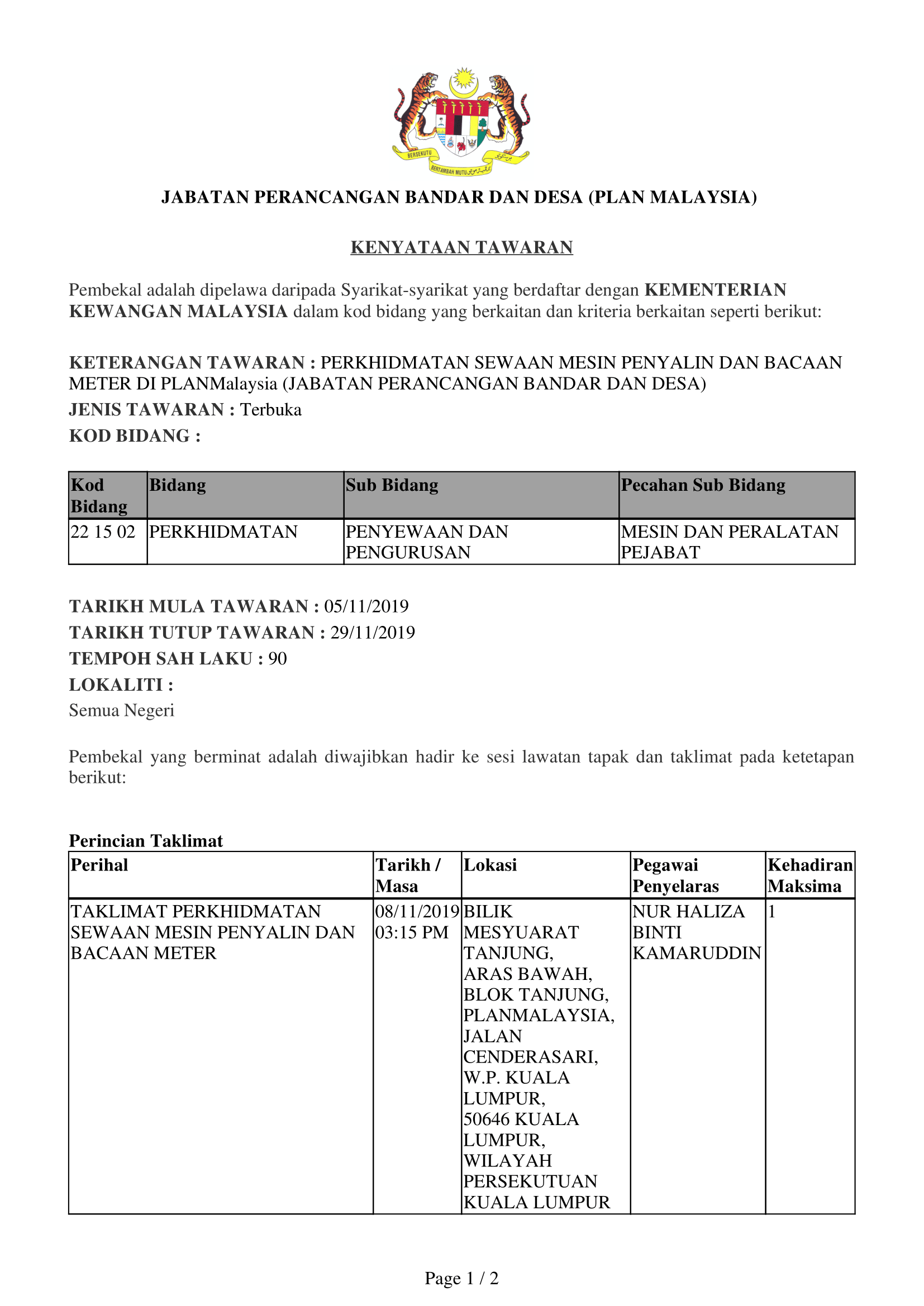 05112019 Iklan Tawaran Tender Perkhidmatan Sewaan Mesin Penyalin PLANMalaysia 1