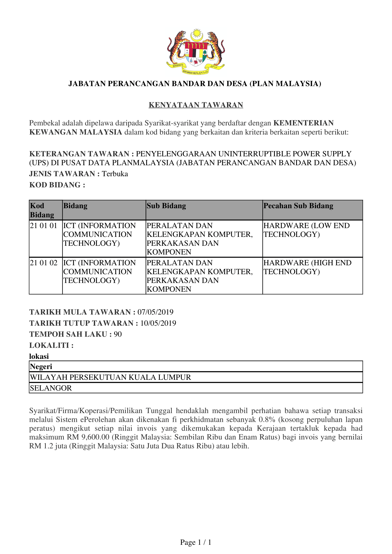 07052019   Iklan Tawaran Sebut Harga Penyelenggaraan Uninterruptible Power Supply (UPS) di Pusat Data PLANMalaysia 1