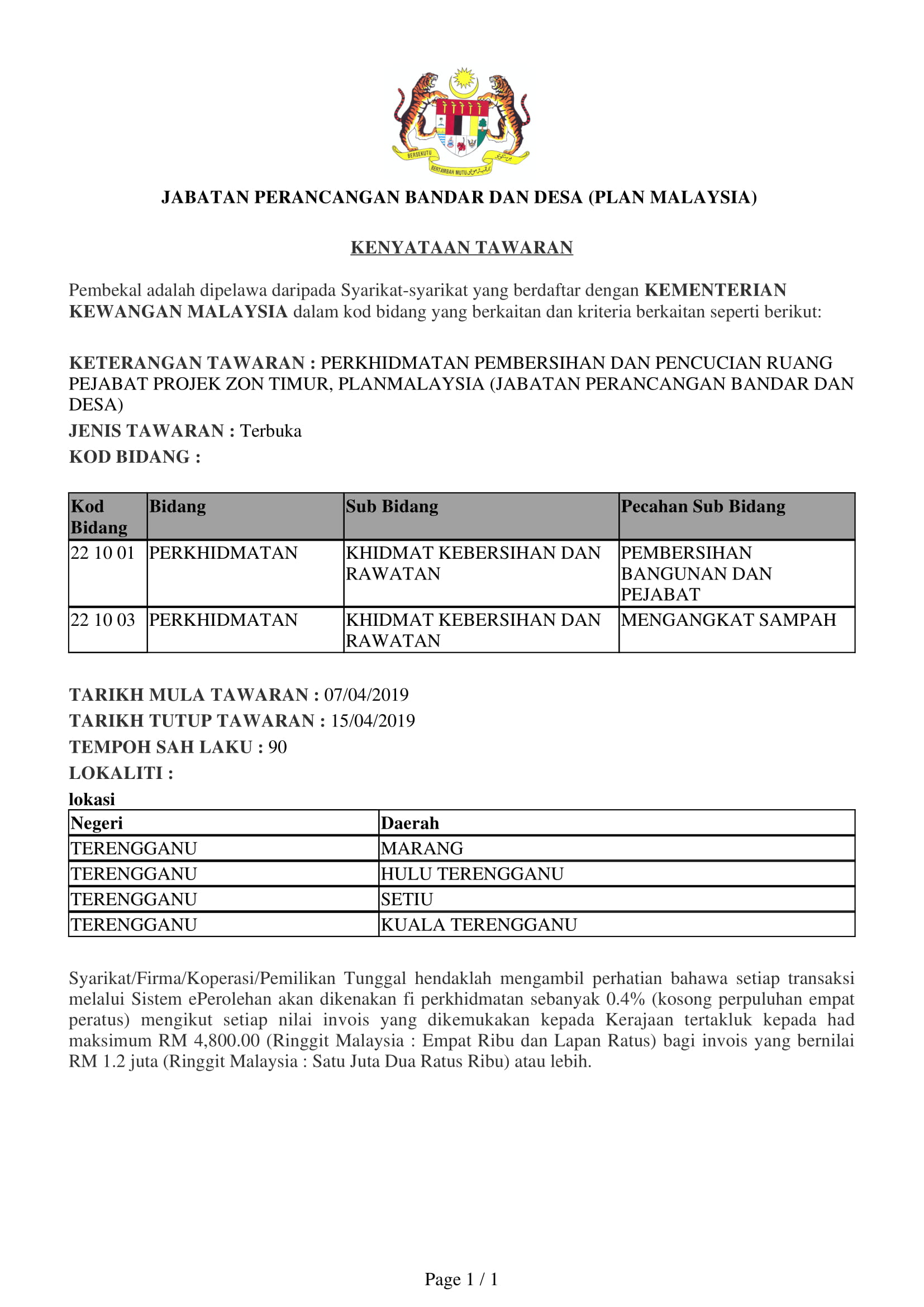 10042019   IKLAN SEBUT HARGA PEMBERSIHAN DAN PENCUCIAN RUANG PEJABAT PROJEK ZON TIMUR, PLANMALAYSIA (JABATAN PERANCANGAN BANDAR DAN DESA) 1