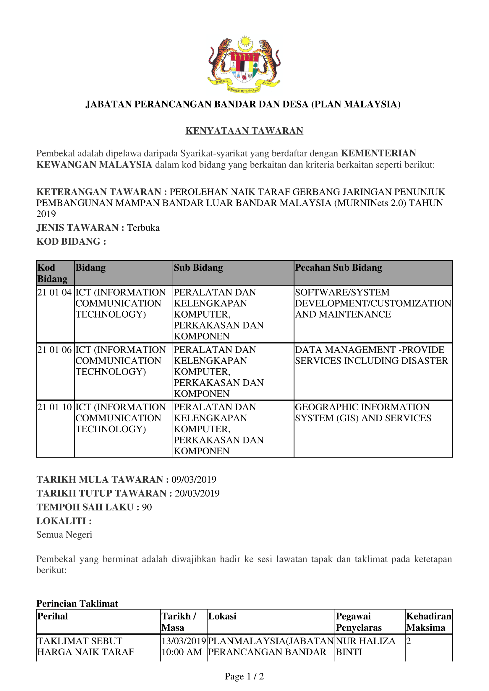 11032019 Sebutharga bagi Perolehan Naik Taraf Gerbang Jaringan Penunjuk Pembangunan Mampan Bandar Luar Bandar Malaysia (MURNINets 2.0) Tahun 2019 (PLANMalaysia) 1