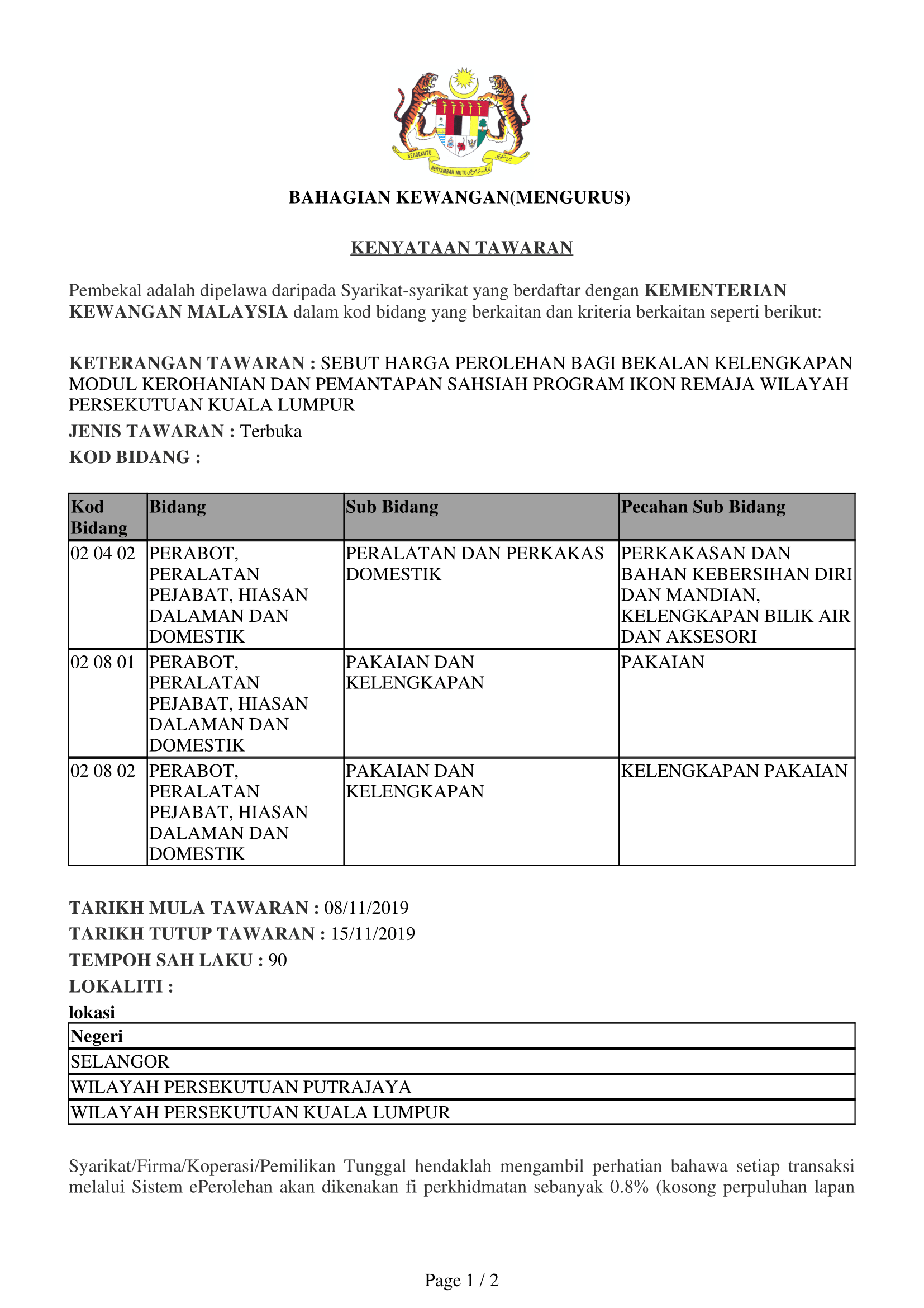 12112019   Sebut Harga Perolehan bagi Bekalan Kelengkapan Modul Kerohanian dan Pemantapan Sahsiah Program Ikon Remaja Wilayah Persekutuan 1