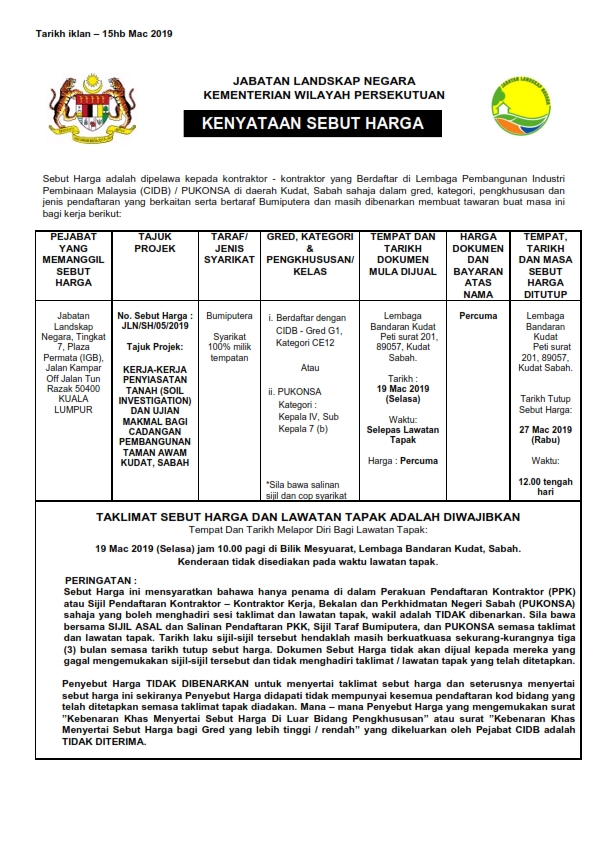 18032019 Iklan Sebutharga Kerja kerja Penyiasat Tanah (Soil Investigation) dan Ujian Cadangan Pembangunan Taman Awam Kudat Sabah 001