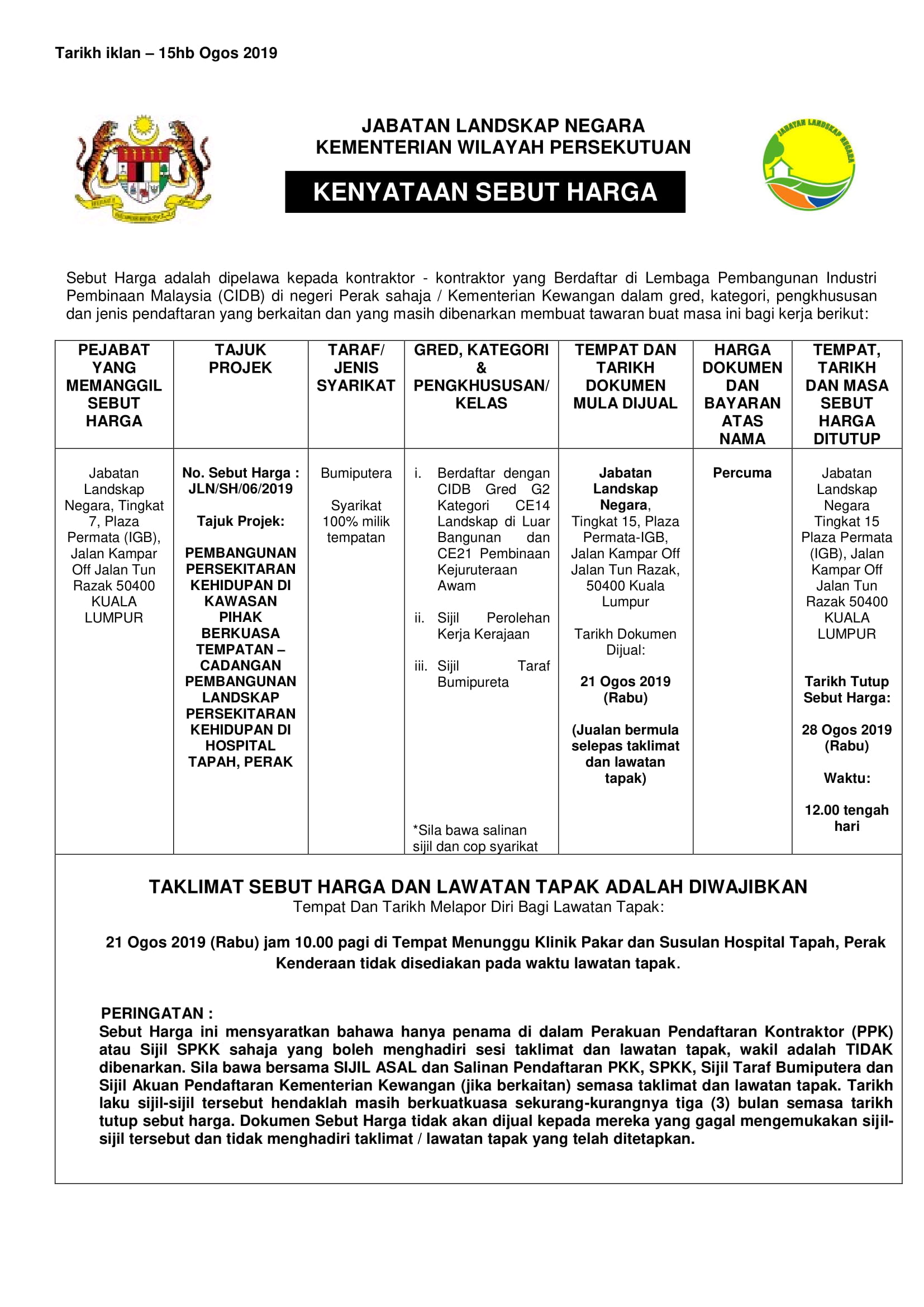 20190815 SEBUT HARGA HOSPITAL TAPAH