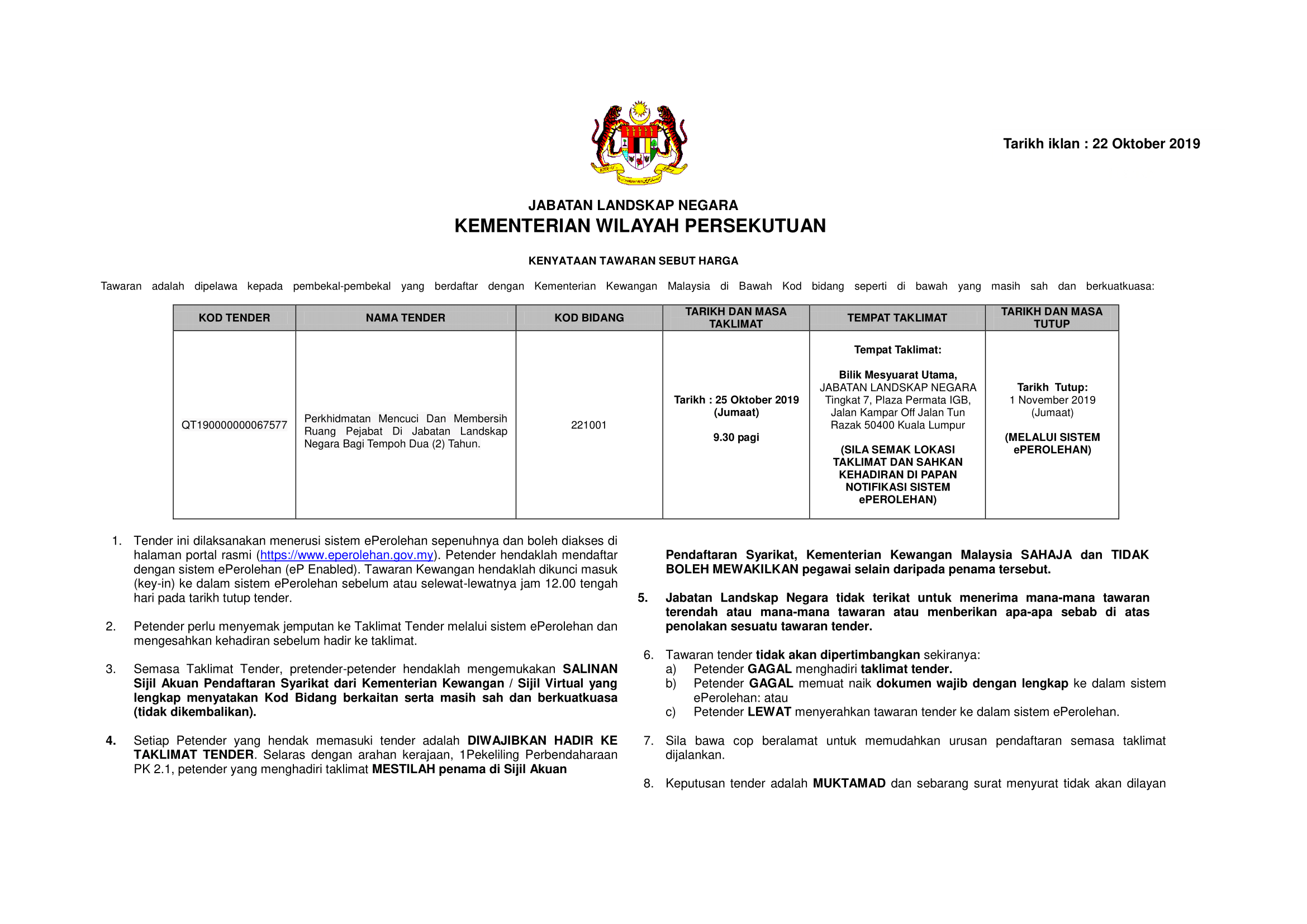 22102019 Sebut harga Perkhidmatan Mencuci dan membersih ruang pejabat di  Jabatan Landskap Negara 1