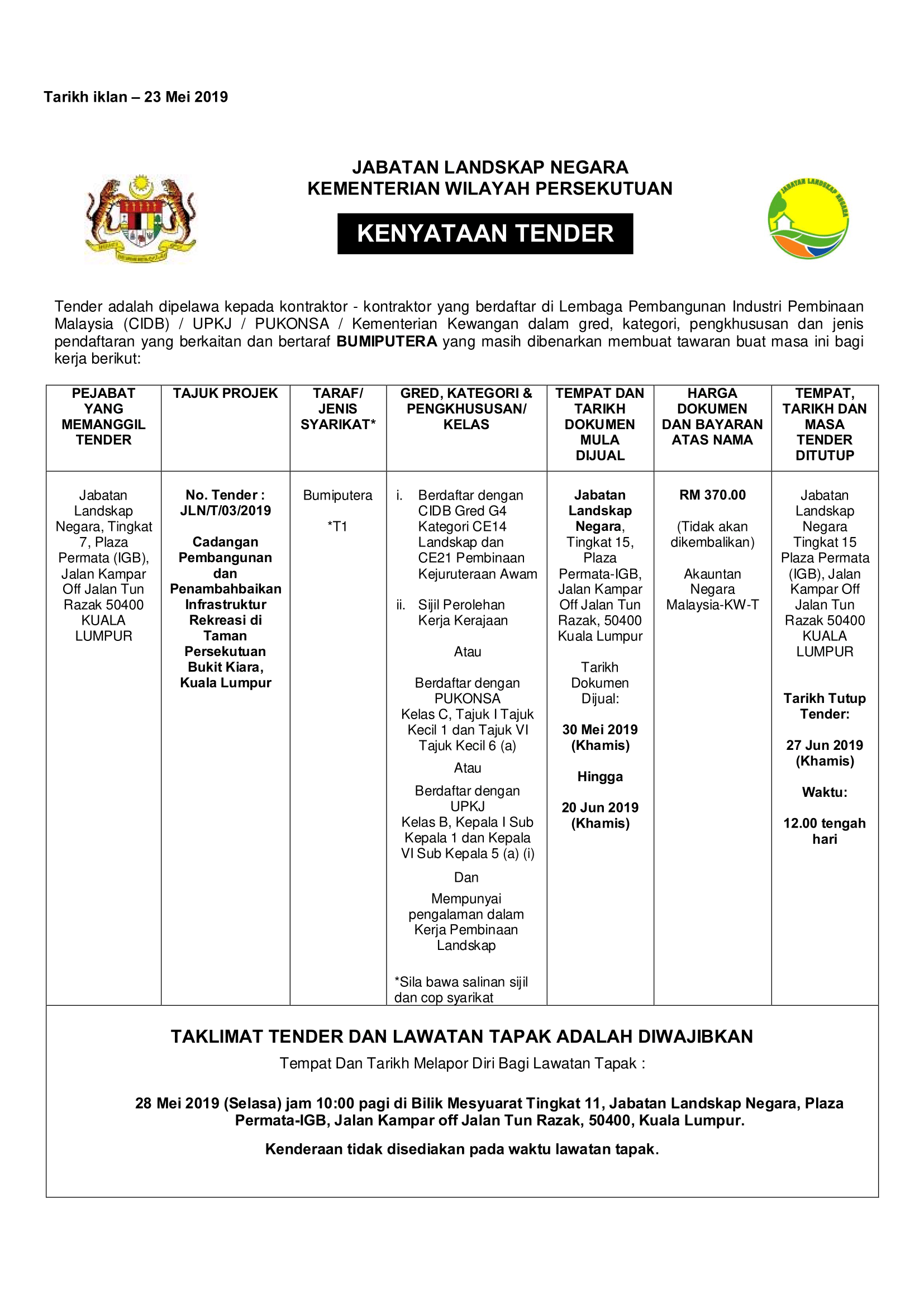 23052019   Cadangan Pembangunan dan Penambahbaikan Infrastruktur Rekreasi di Taman persekutuan Bukit Kiara , KL 1