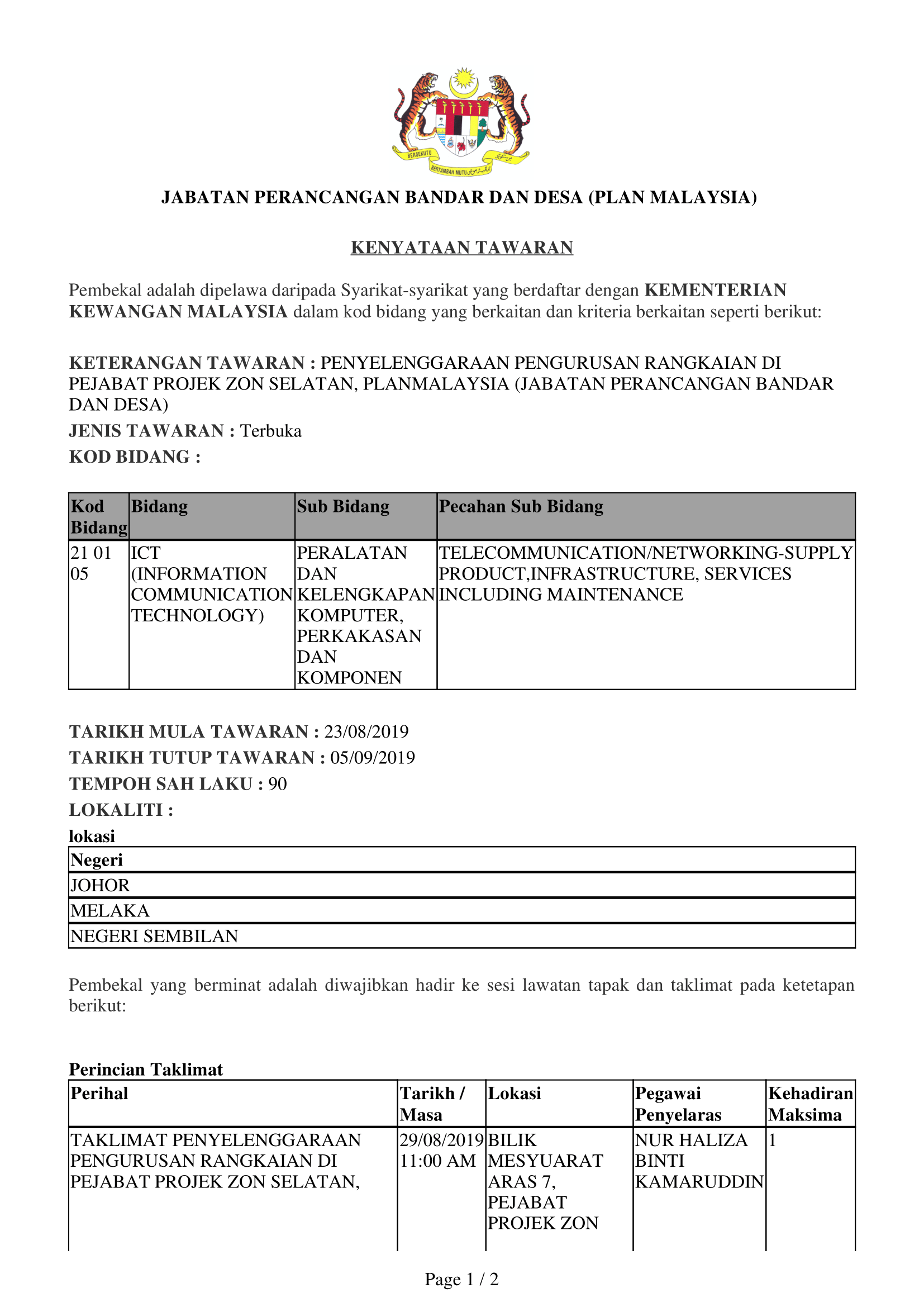 23082019 Sebut Harga Perkhidmatan Penyelenggaraan Pengurusan Rangkaian Di Pejabat Projek Zon Selatan, PLANMalaysia 1