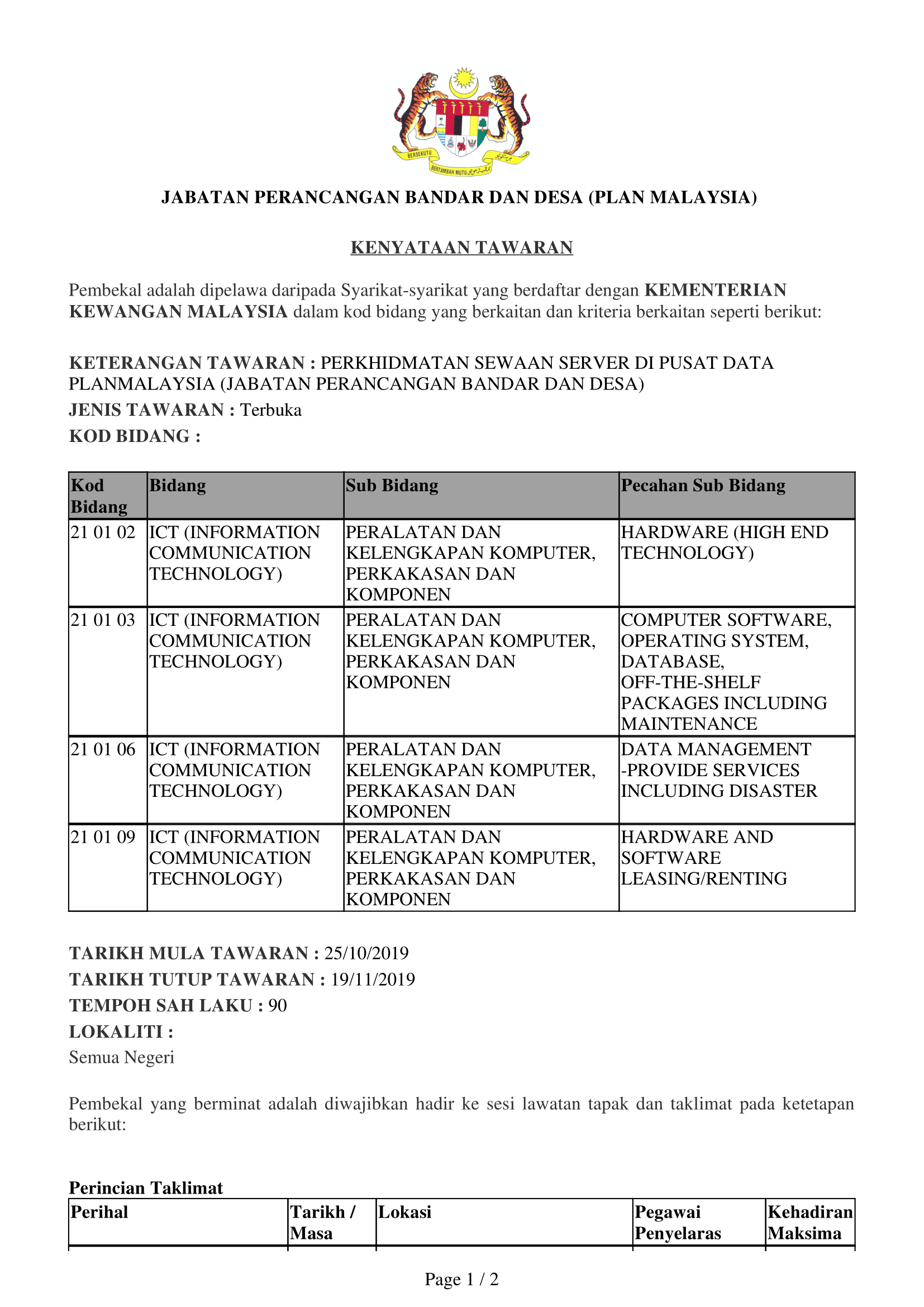 25102019 Iklan Tawaran Tender Perkhidmatan Sewaan Server di Pusat Data PLANMalaysia 1