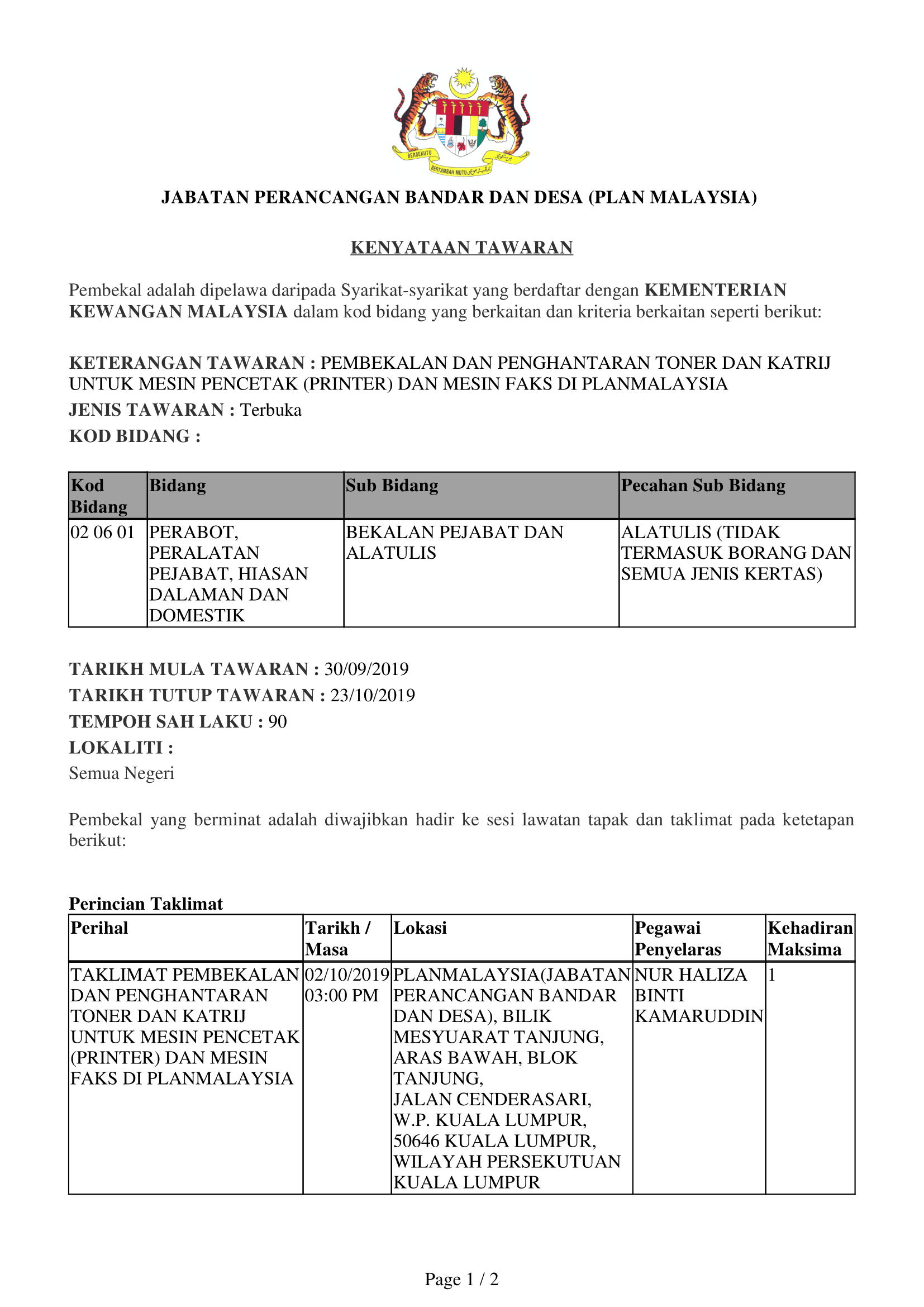 30092019 Tender Pembekalan dan Penghantaran Toner dan Katrij untuk Mesin Pencetak (Printer) dan Mesin Faks di PLANMalaysia 1