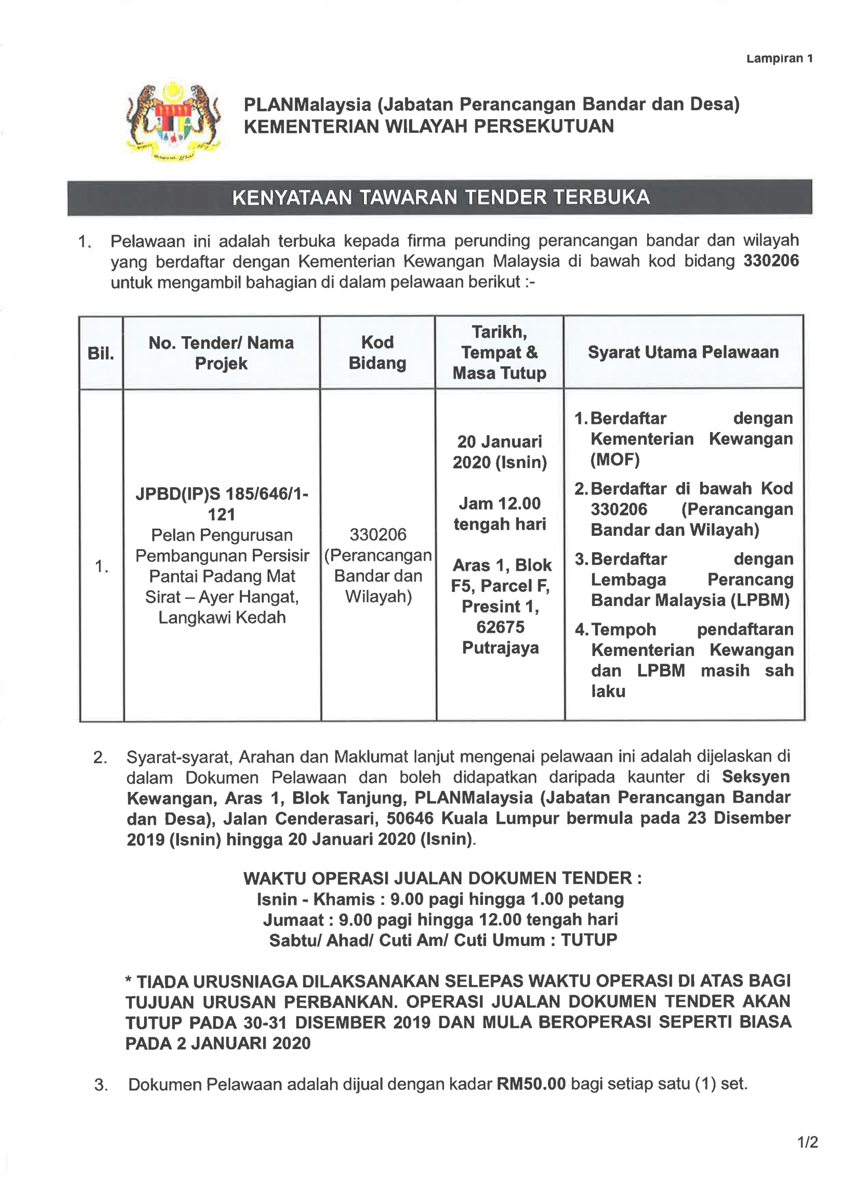 Iklan tender bagi Pelan Pembangunan Persisisr Pantai Padang Mat Sirat  Ayer Hangat,Langkawi Kedah (PLANMalaysia)