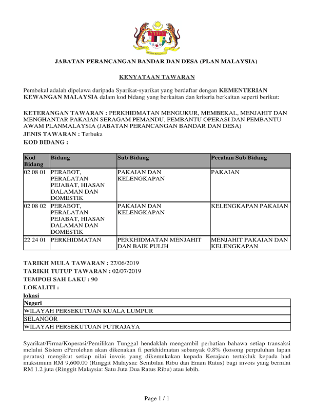 27062019 Iklan Tawaran Sebut Harga Perkhidmatan Mengukur, Membekal, Menjahit dan Menghantar Pakaian Seragam Pemandu, Pembantu Operasi dan Pembantu Awam PLANMalaysia 1