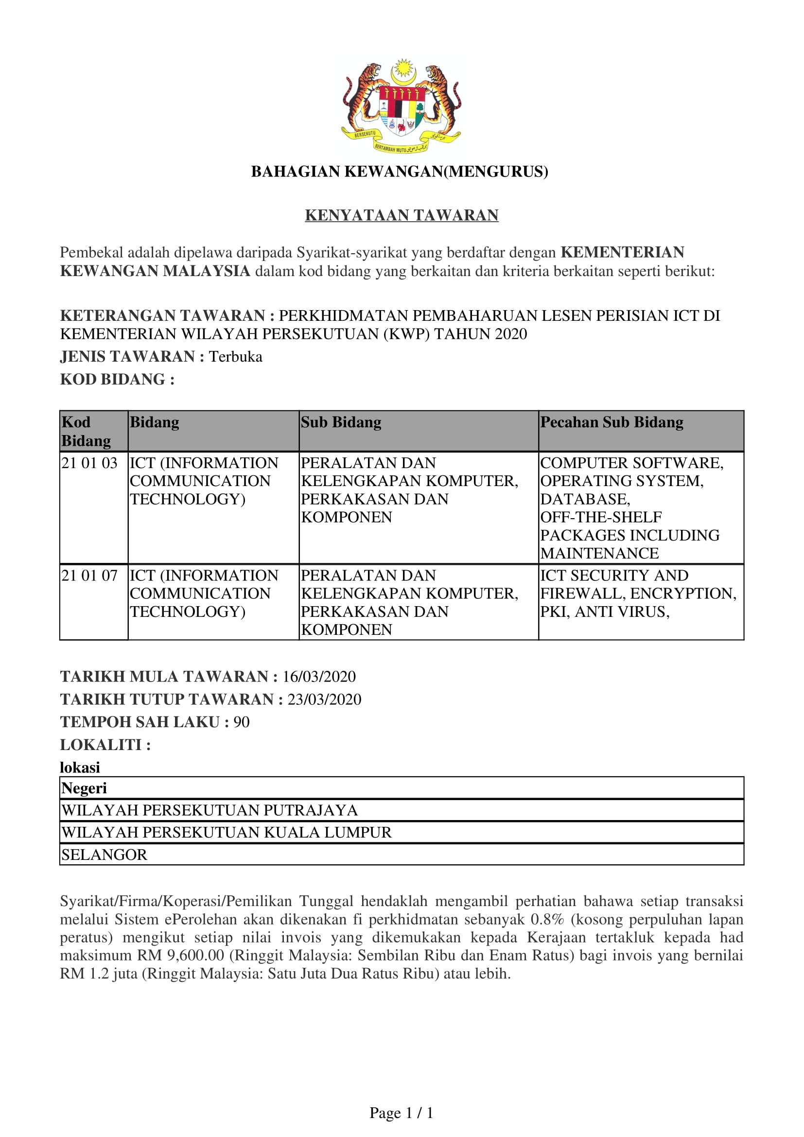 16032020 Subut harga Perkhidmatan Pembaharuan Lesen Perisian ICT di KWP 1