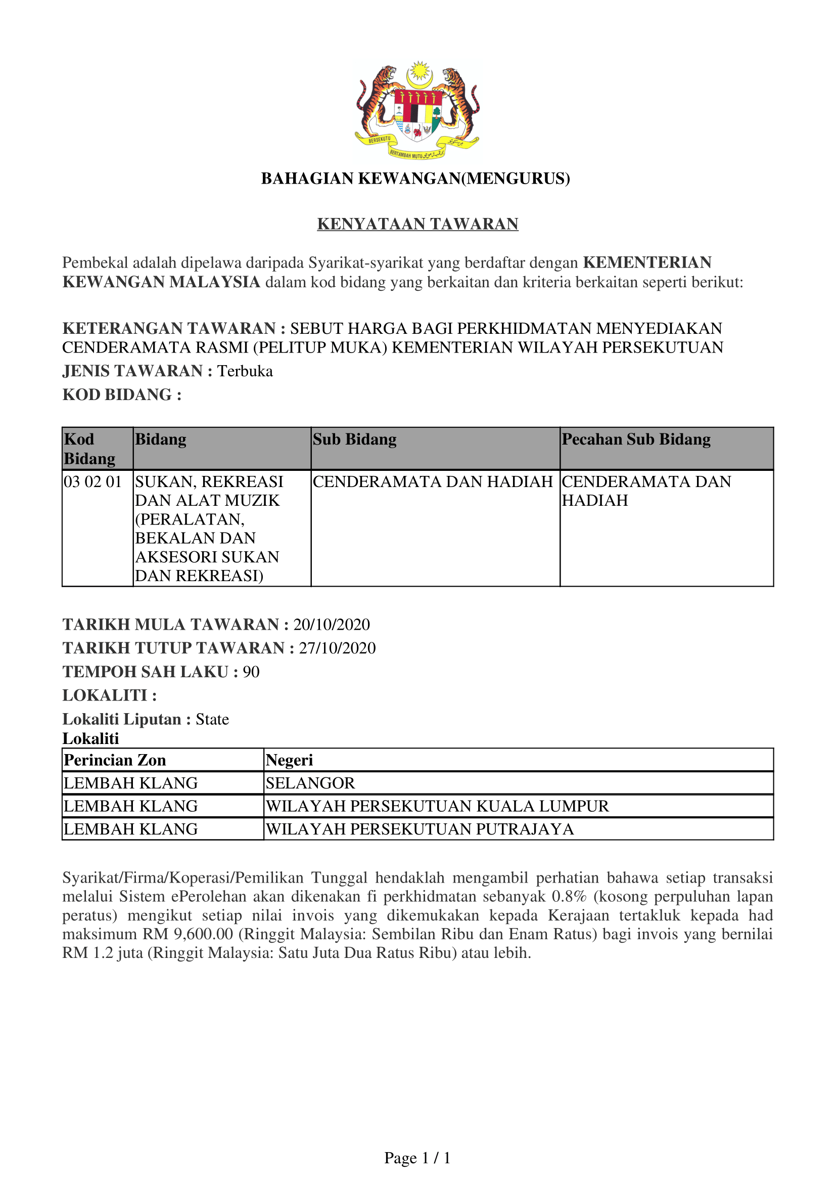 20102020 SEBUT HARGA BAGI PERKHIDMATAN MENYEDIAKAN CENDERAMATA RASMI PELITUP MUKA 1