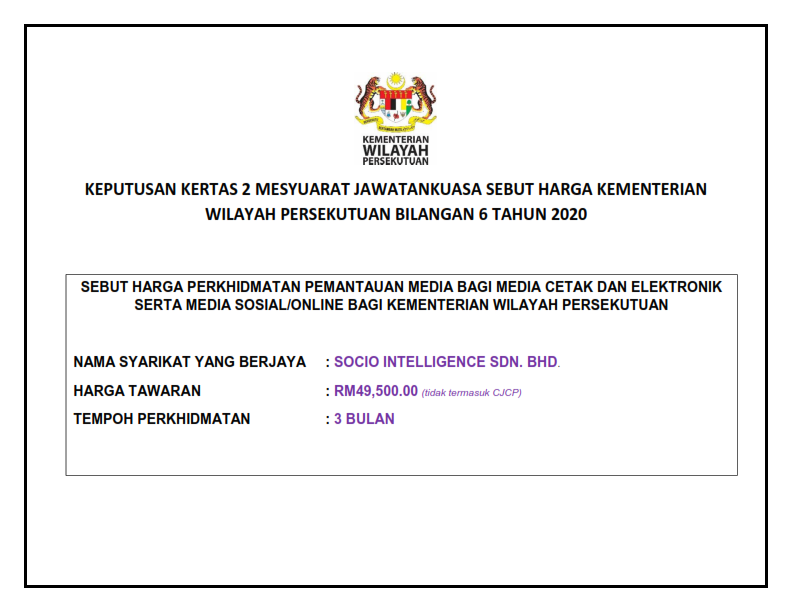 KEPUTUSAN SEBUT HARGA PERKHIDMATAN PEMANTAUAN MEDIA BAGI MEDIA CETAK DAN ELEKTRONIK SERTA MEDIA SOSIALONLINE 001