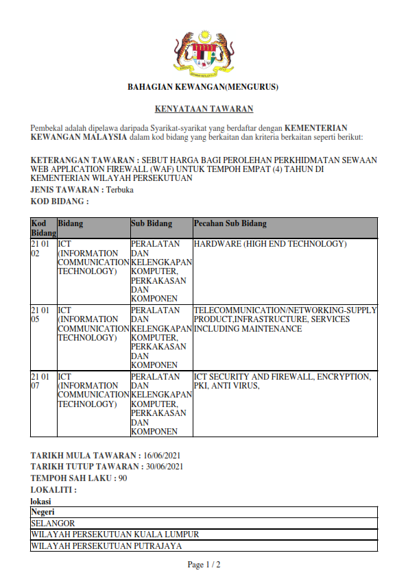 16062021 Sebut Harga Bagi Perolehan Perkhidmatan Sewaan Web Application Firewall WAF Untuk Tempoh Empat 4 Tahun Di Kementerian Wilayah Persekutuan 001