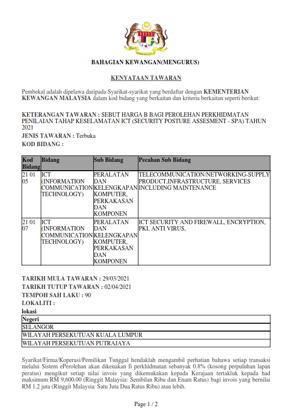 29032021 SEBUT HARGA B BAGI PEROLEHAN PERKHIDMATAN PENILAIAN TAHAP KESELAMATAN ICT SECURITY POSTURE ASSESMENT SPA TAHUN 2021 001