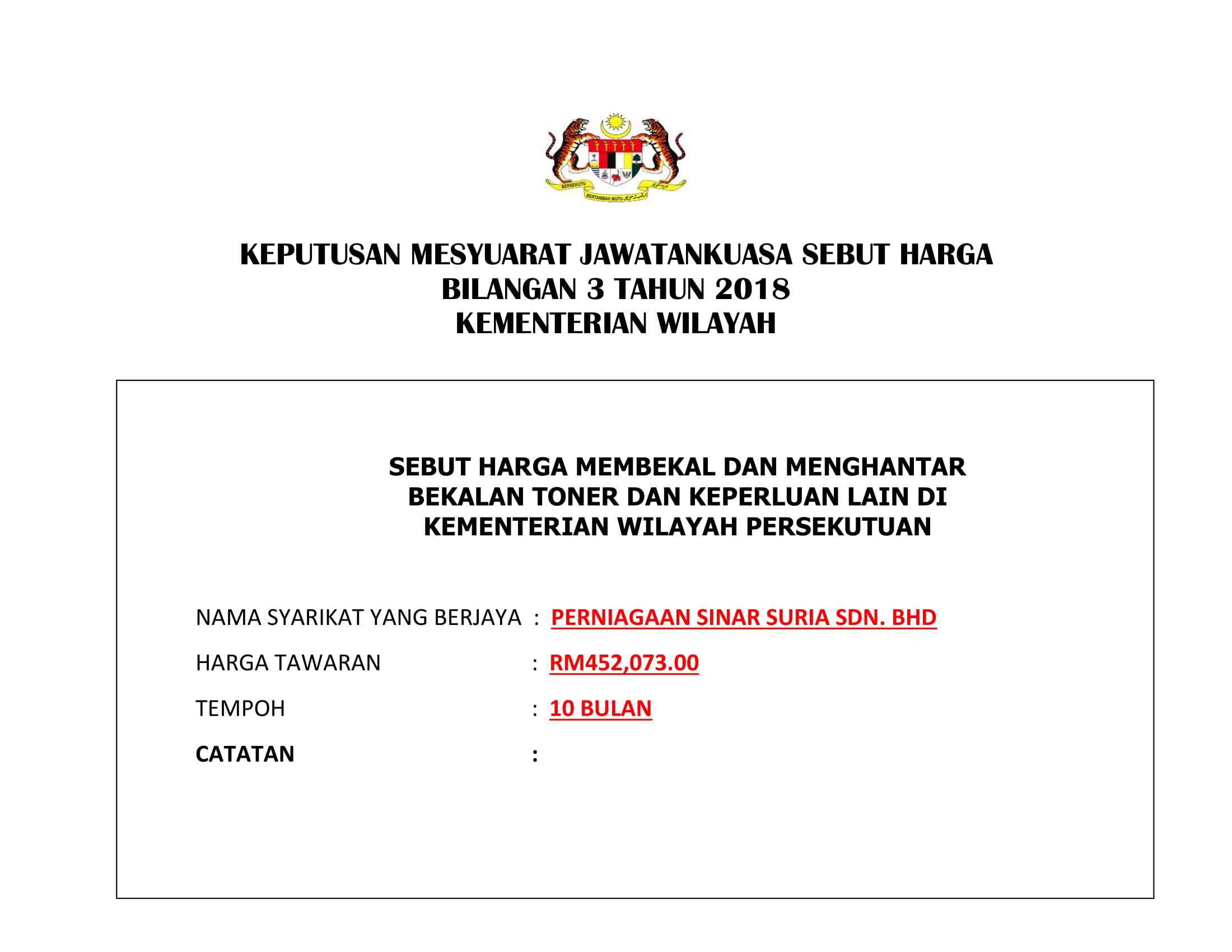 16082018 Keputusan Sebut Harga Membekal dan Menghantar Bekalan Toner dan Keperluan Lain 1