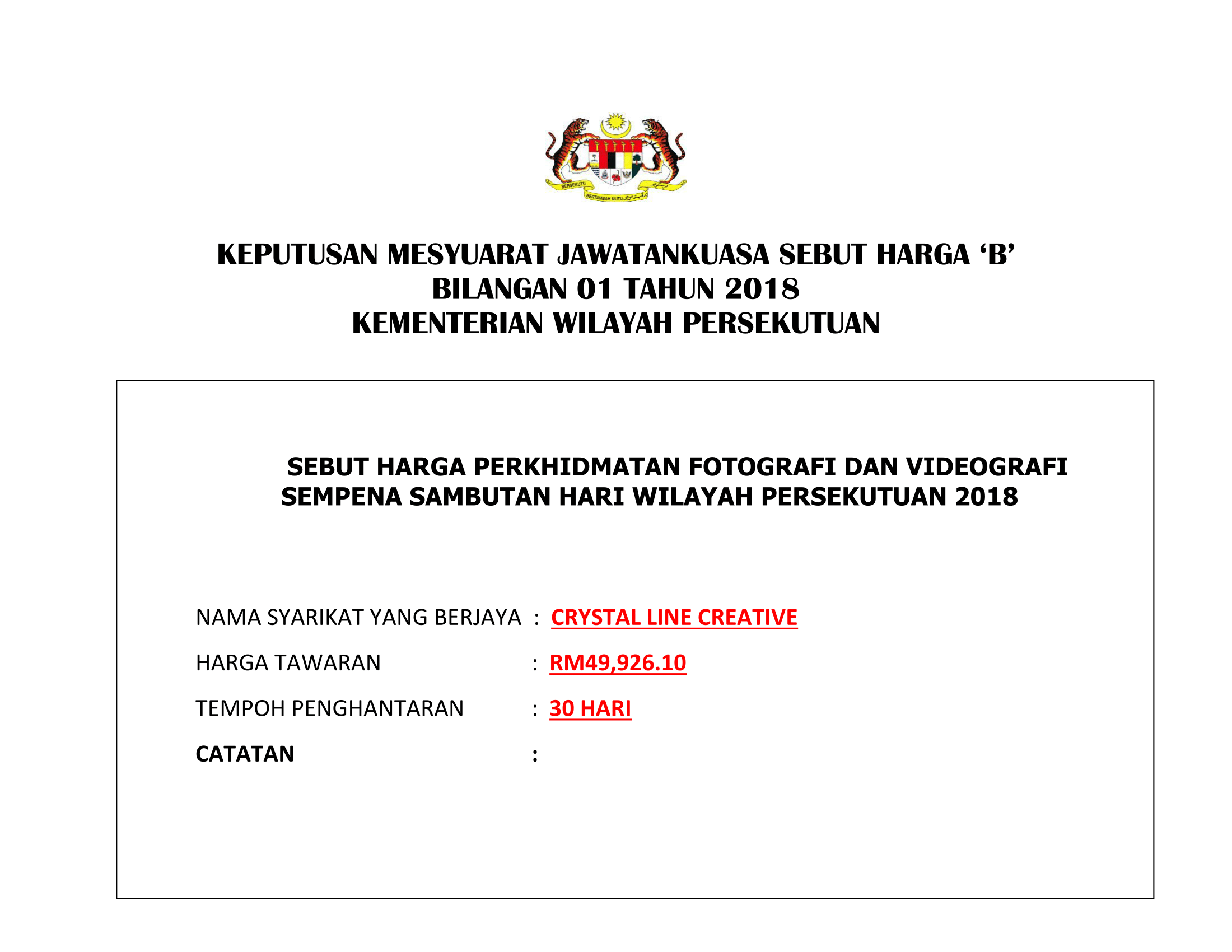 Keputusan Mesy.Sebut harga 'B' Bil 01Tahun 2018   Perkhidmatan Fotografi dan Videografi SHWP 2018 1