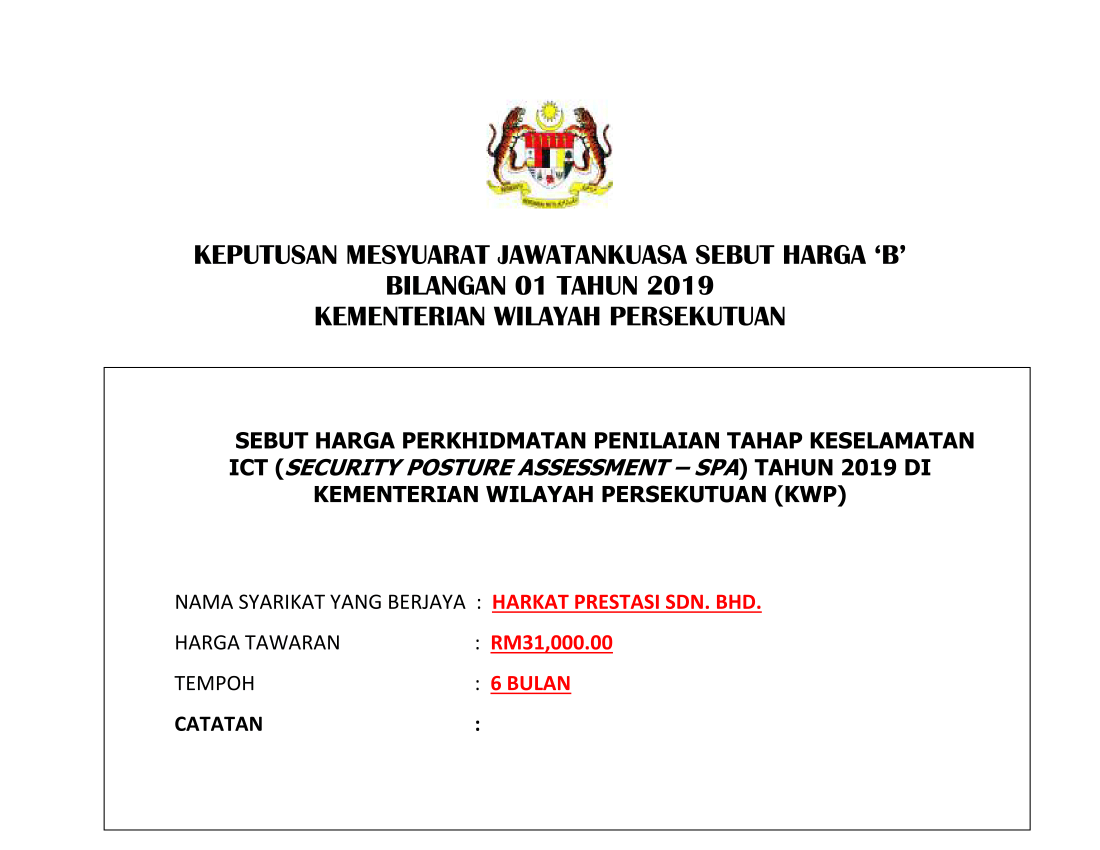 Keputusan Mesyuarat Sebut Harga 'B' Bil 01Tahun 2019 1