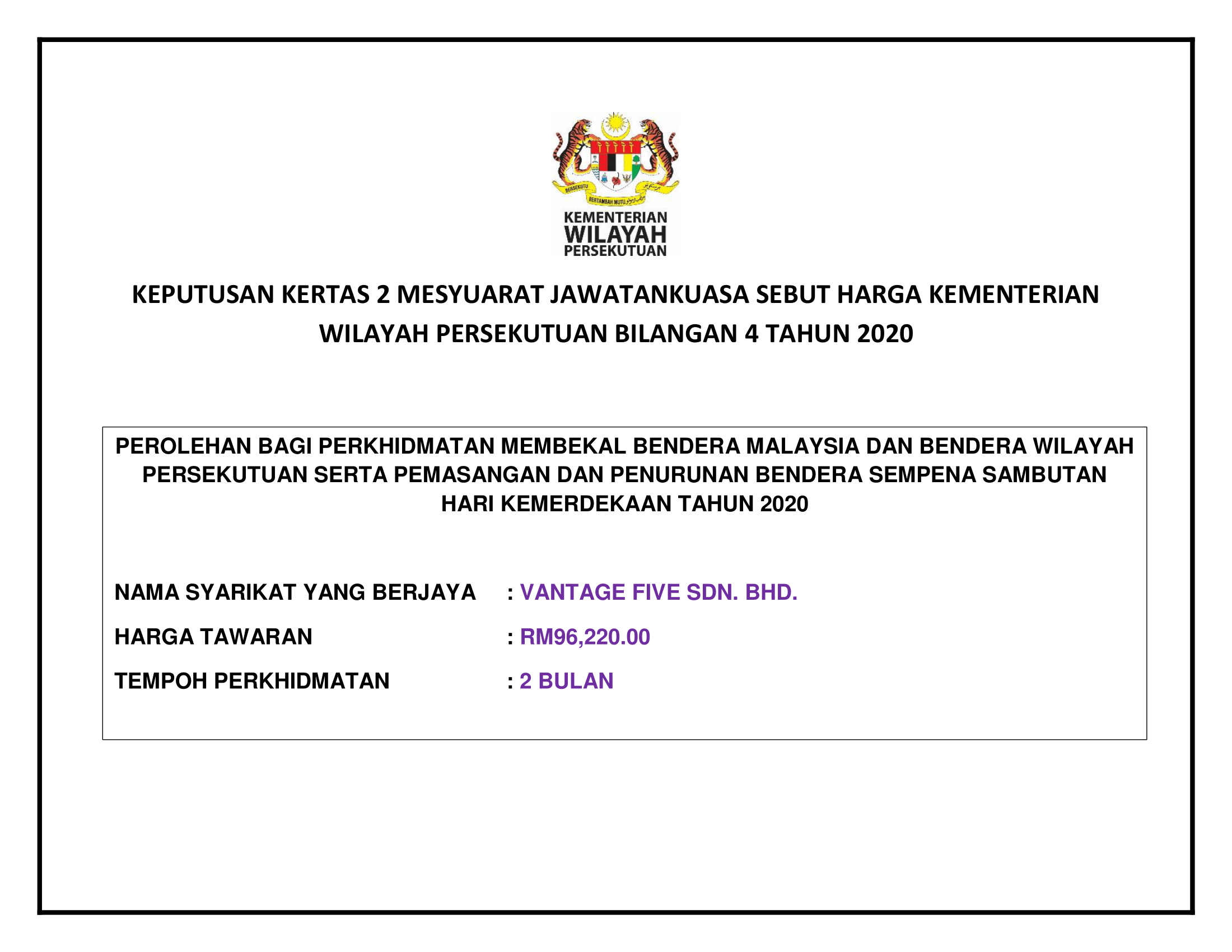16072020 Keputusan Sebut Harga Perkhidmatan Membekal Bendera Malaysia